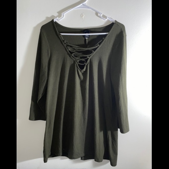 Torrid | Olive Green Lace Up V-Neck Top - Picture 1 of 3